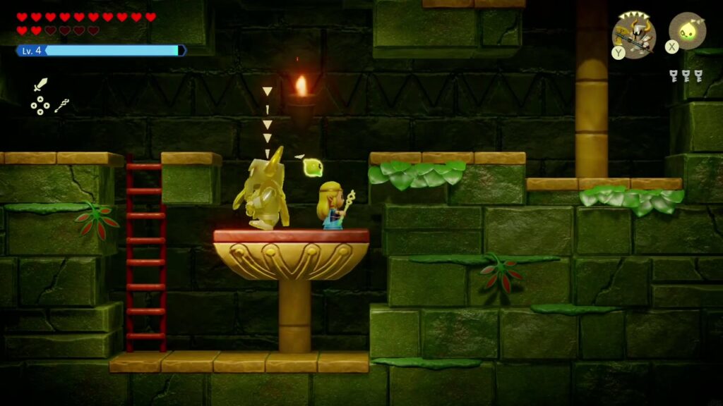 Faron Temple Dungeon - The Legend of Zelda: Echoes of Wisdom Walkthrough 45 Zelda summons an echo onto a golden goblet pedestal in the side-view pedestal room.