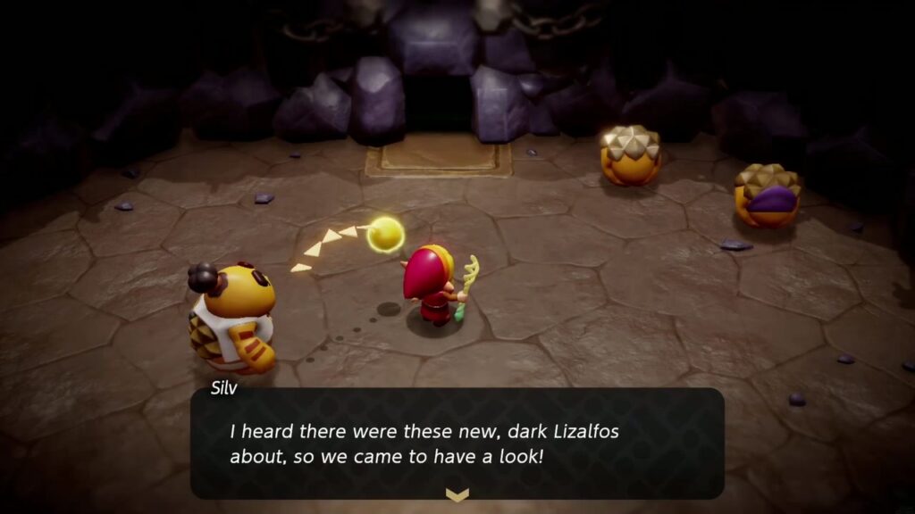 The Rift on Eldin Volcano - The Legend of Zelda: Echoes of Wisdom Walkthrough 46 Elder Silv explains the new dark Lizalfos to Zelda and Darston in the Lizalfos Burrow entrance chamber.