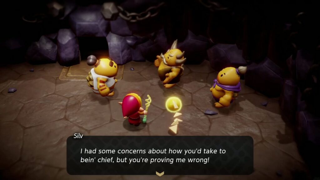 The Rift on Eldin Volcano - The Legend of Zelda: Echoes of Wisdom Walkthrough 52 Back at the Lizalfos Burrow entrance, Elder Silv and the Gorons praise Darston after the fight.
