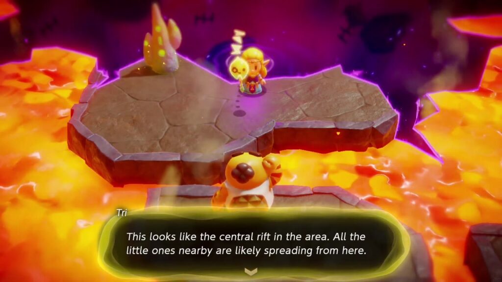 The Rift on Eldin Volcano - The Legend of Zelda: Echoes of Wisdom Walkthrough 69 Zelda, Tri and Darston reach the central rift in Eldin Volcano's crater at the end of the passage.