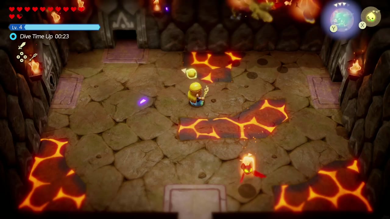 Eldin Temple Dungeon - The Legend of Zelda: Echoes of Wisdom Walkthrough 6 The Eldin Temple hub room with glowing lava cracks, fire enemies, and doors on three sides.