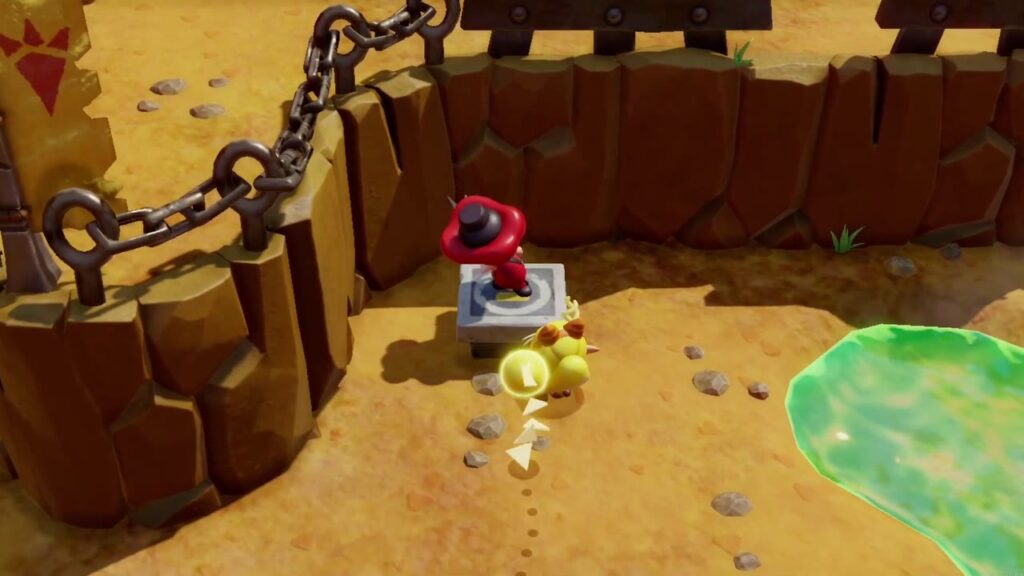 The Rift on Eldin Volcano - The Legend of Zelda: Echoes of Wisdom Walkthrough 87 The Stamp Guy at the Eldin Volcano Trail stamp stand, beside a hanging chain and a green pool.