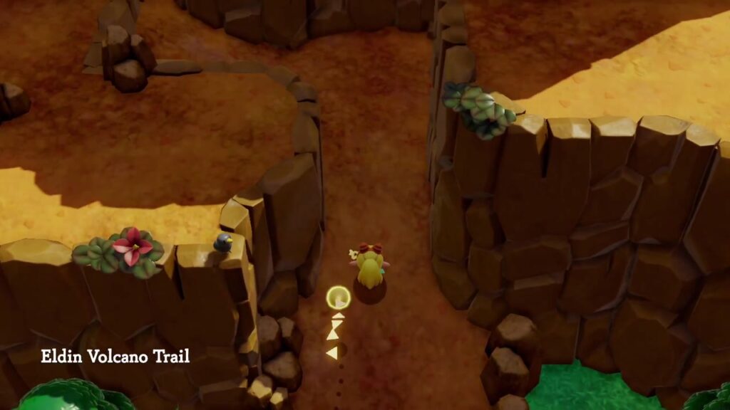 The Rift on Eldin Volcano - The Legend of Zelda: Echoes of Wisdom Walkthrough 1 Zelda walks out of Kakariko Village onto the Eldin Volcano Trail as its title card appears.