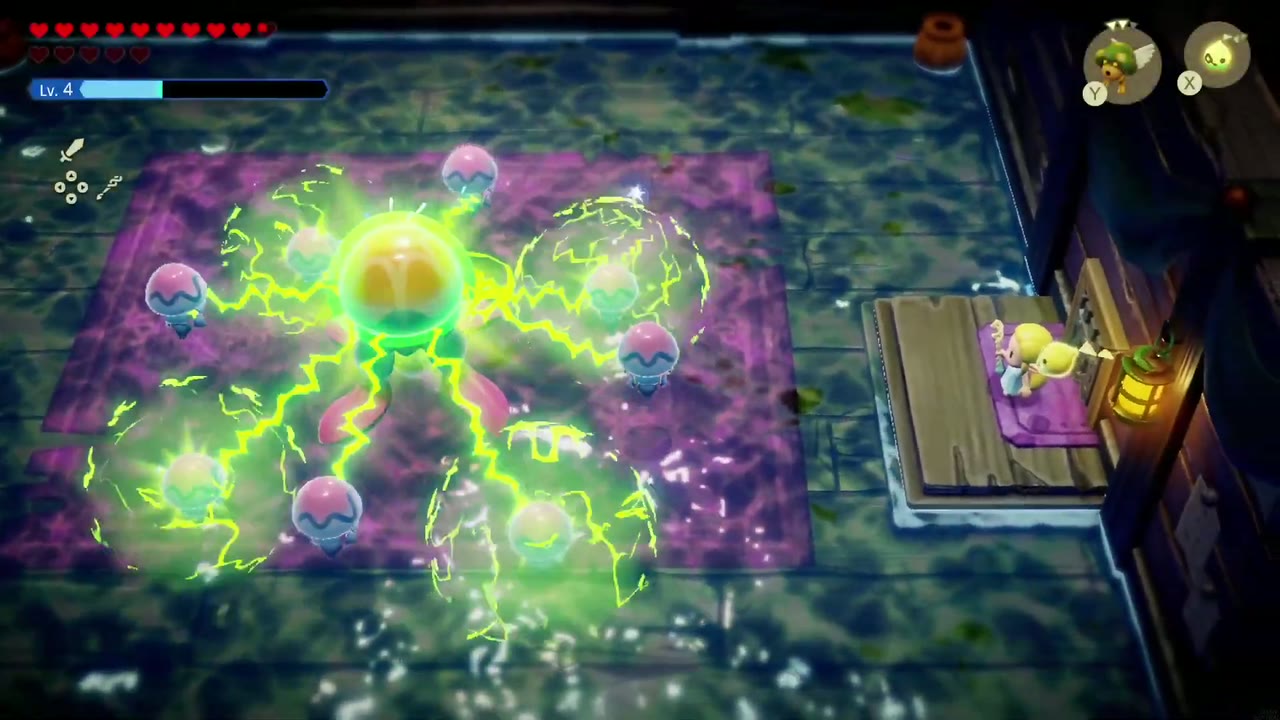 The Jabul Waters Rift - The Legend of Zelda: Echoes of Wisdom Walkthrough 103 The shipwreck mini-boss, a giant electric jellyfish with smaller jellies, charges the purple floor.