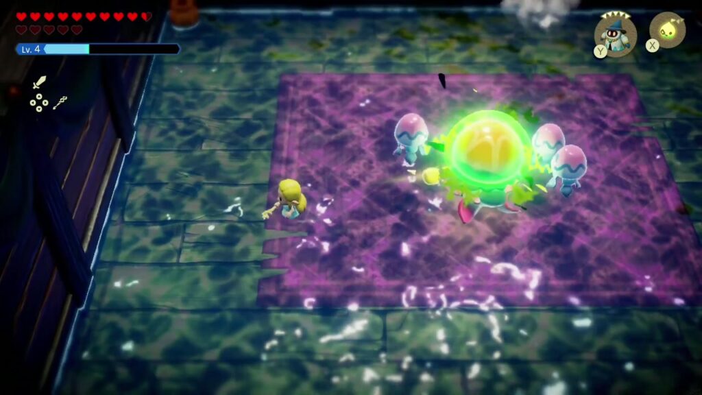 Die riesige elektrische Qualle und ihre kleineren Quallen laden den violetten Boden auf, während Zelda sich am Rand aufhält.