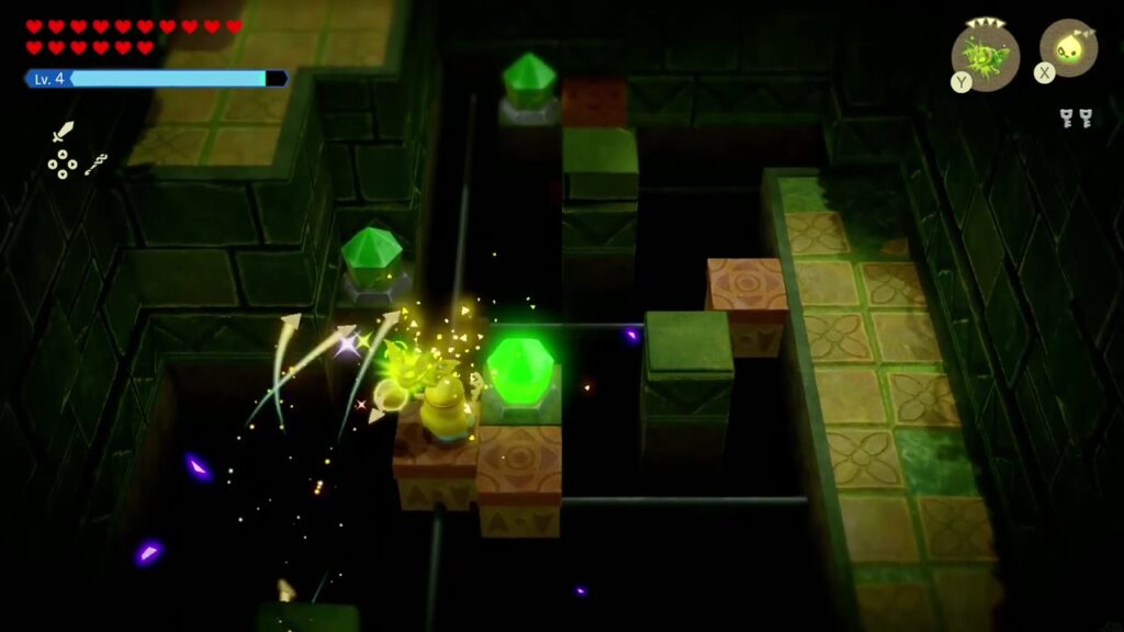 Faron Temple Dungeon - The Legend of Zelda: Echoes of Wisdom Walkthrough 26 An Electric Keese echo zaps a green crystal switch, lighting it up in the dark pit room.