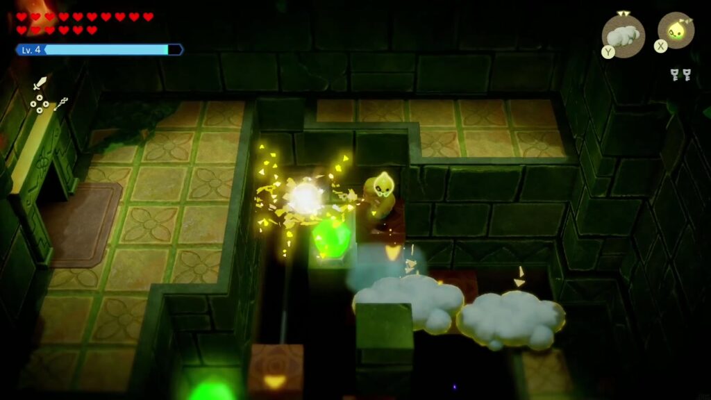 Faron Temple Dungeon - The Legend of Zelda: Echoes of Wisdom Walkthrough 29 An Electric Keese echo zaps a green crystal switch while Zelda waits on a Cloud over the pit.