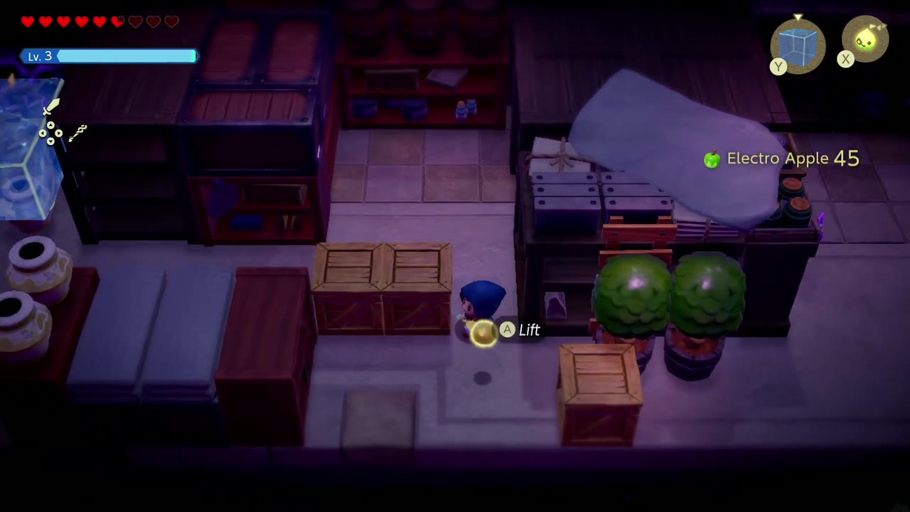 Hyrule Castle: Still Missing - The Legend of Zelda: Echoes of Wisdom Walkthrough 51 An Electro Apple pickup pops up as Zelda clambers over the crates and cabinets of the B1 storeroom.