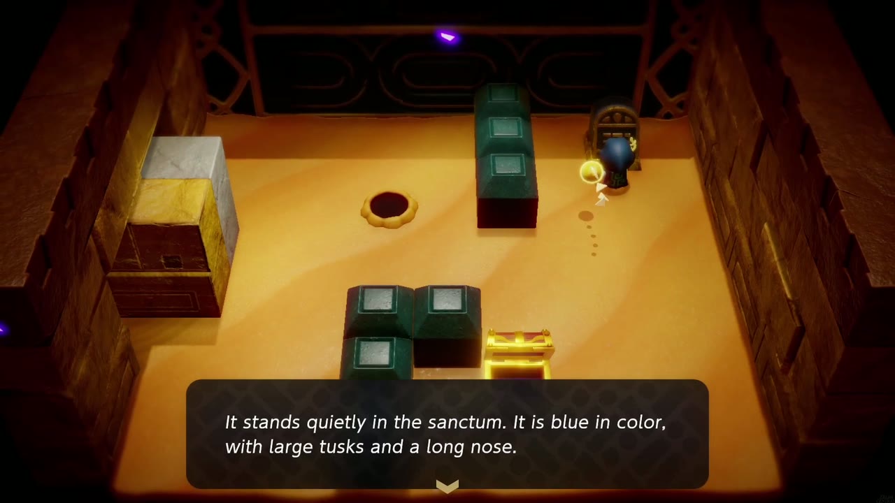 Gerudo Sanctum Dungeon - The Legend of Zelda: Echoes of Wisdom Walkthrough 55 The Gerudo Sanctum tablet gives the Elephant Statue clue: blue, with large tusks and a long nose.