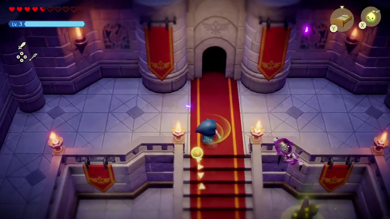 Hyrule Castle: Still Missing - The Legend of Zelda: Echoes of Wisdom Walkthrough 35 Zelda climbs the red-carpeted stairs of the entrance hall toward the arched back door.