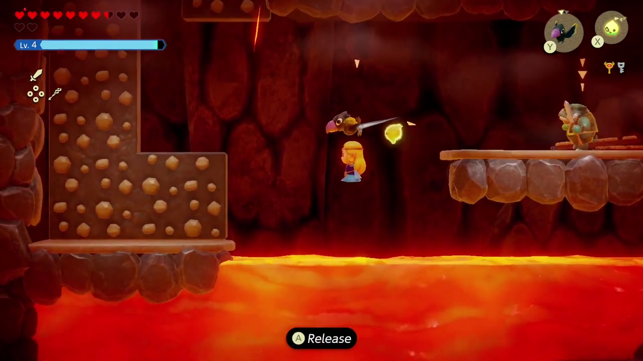 Eldin Temple Dungeon - The Legend of Zelda: Echoes of Wisdom Walkthrough 42 Zelda hurries across ledges and past a Spear Moblin as the lava rises below in Eldin Temple.