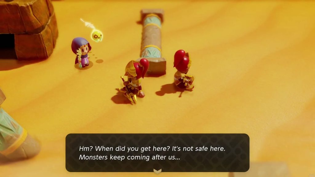 A Rift in the Gerudo Desert - The Legend of Zelda: Echoes of Wisdom Walkthrough 29 Two worn-out Gerudo soldiers by the rift warn Zelda that monsters keep coming after them.