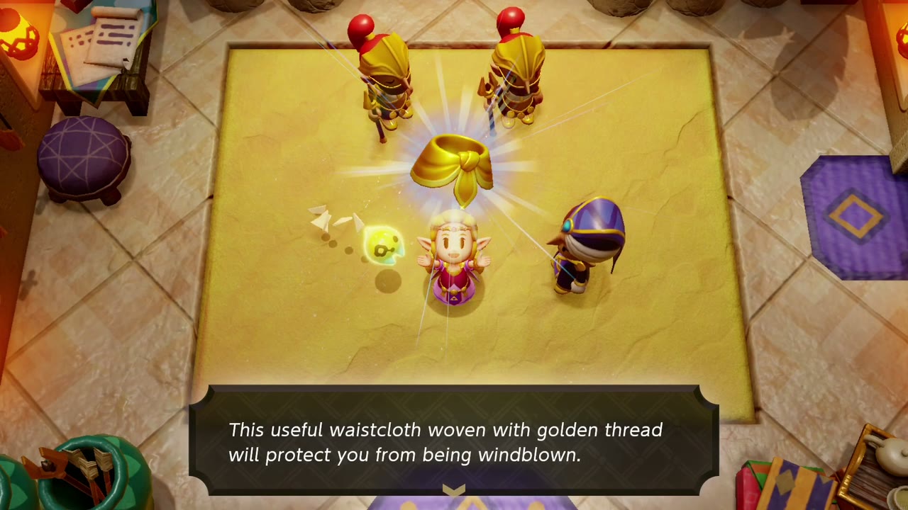 A Rift in the Gerudo Desert - The Legend of Zelda: Echoes of Wisdom Walkthrough 130 Back in Gerudo Palace, Zelda holds up the Gold Sash, Facette's reward for defeating the Lanmola.