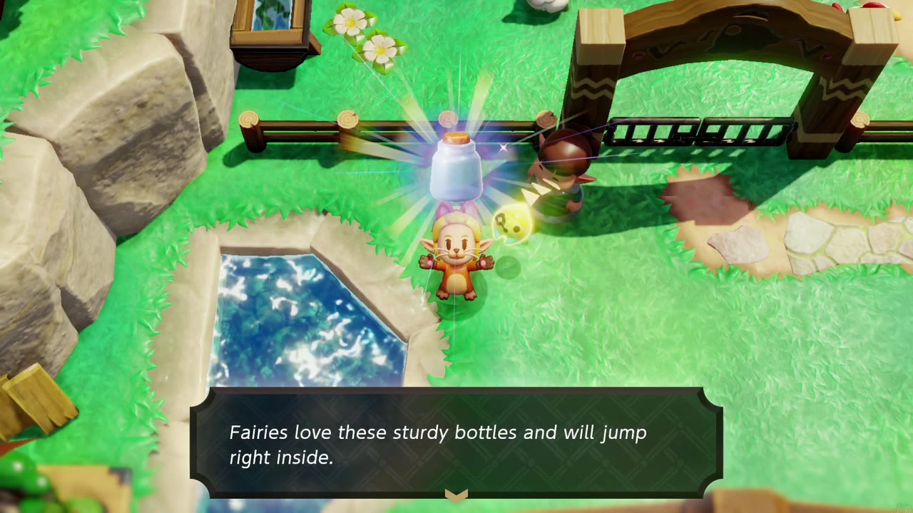 Cuccos on the Loose - The Legend of Zelda: Echoes of Wisdom Walkthrough 13 Holding the Fairy Bottle, Zelda reads that fairies love these sturdy bottles and jump inside.