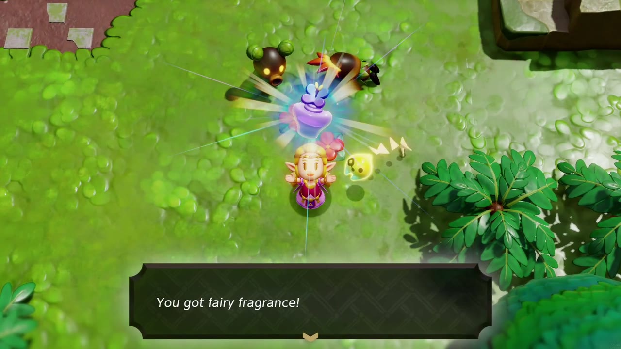 Zelda holds up the Fairy Fragrance, the reward for Looking for Bempu. Zelda holds up the Fairy Fragrance, the reward for Looking for Bempu.