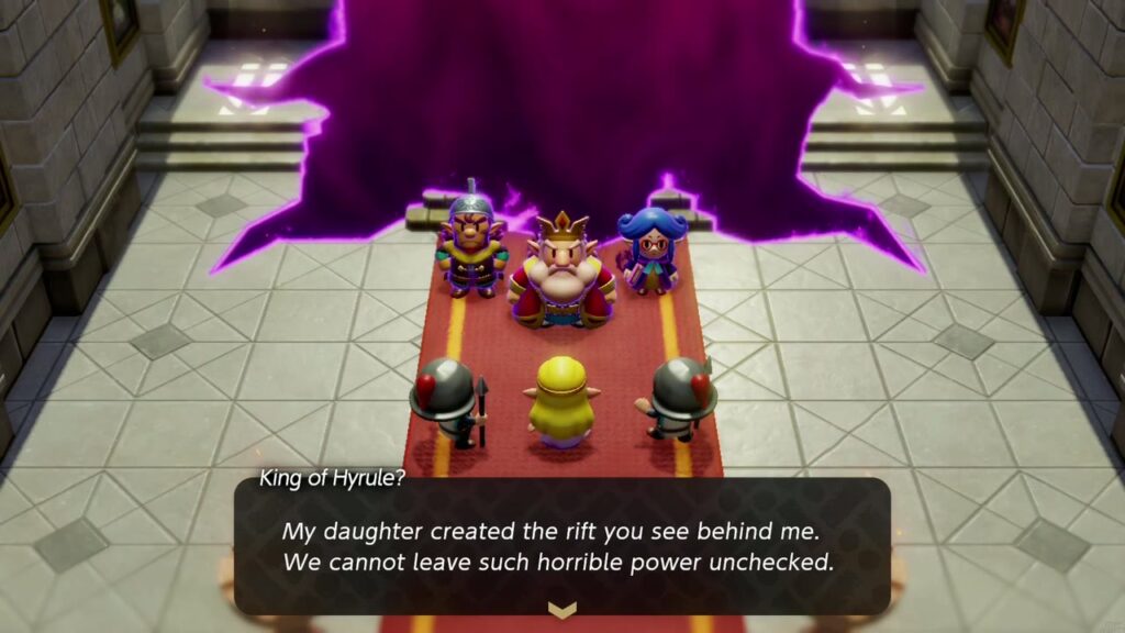 The false king tells the guards "My daughter created the rift you see behind me"