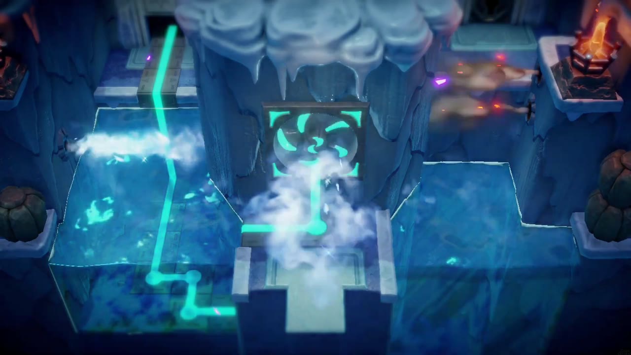 Lanayru Temple Dungeon - The Legend of Zelda: Echoes of Wisdom Walkthrough 19 The central fan glows teal and blows cold air, refreezing the water in the fan room.