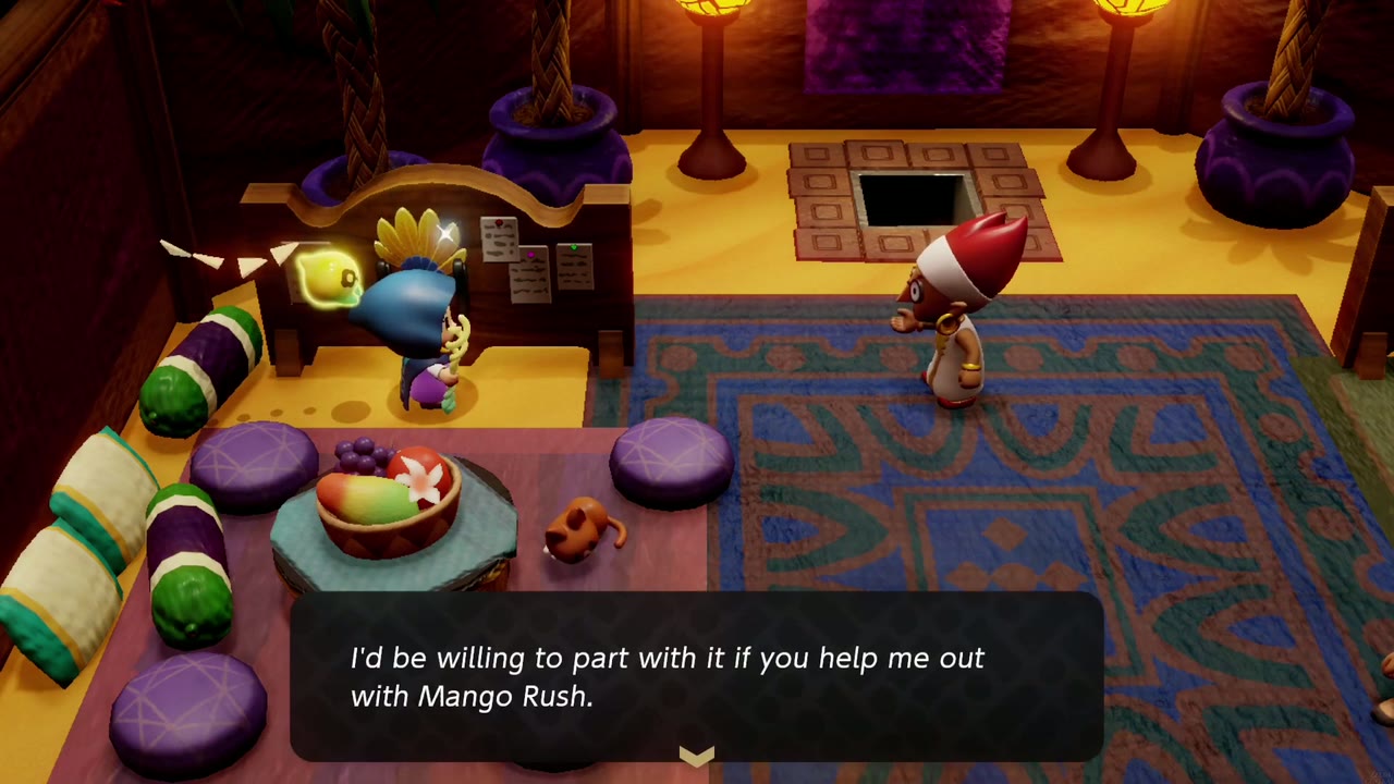 Get Rich Quick! - The Legend of Zelda: Echoes of Wisdom Walkthrough 9 The researcher offers to part with the golden fan if Zelda helps with Mango Rush.