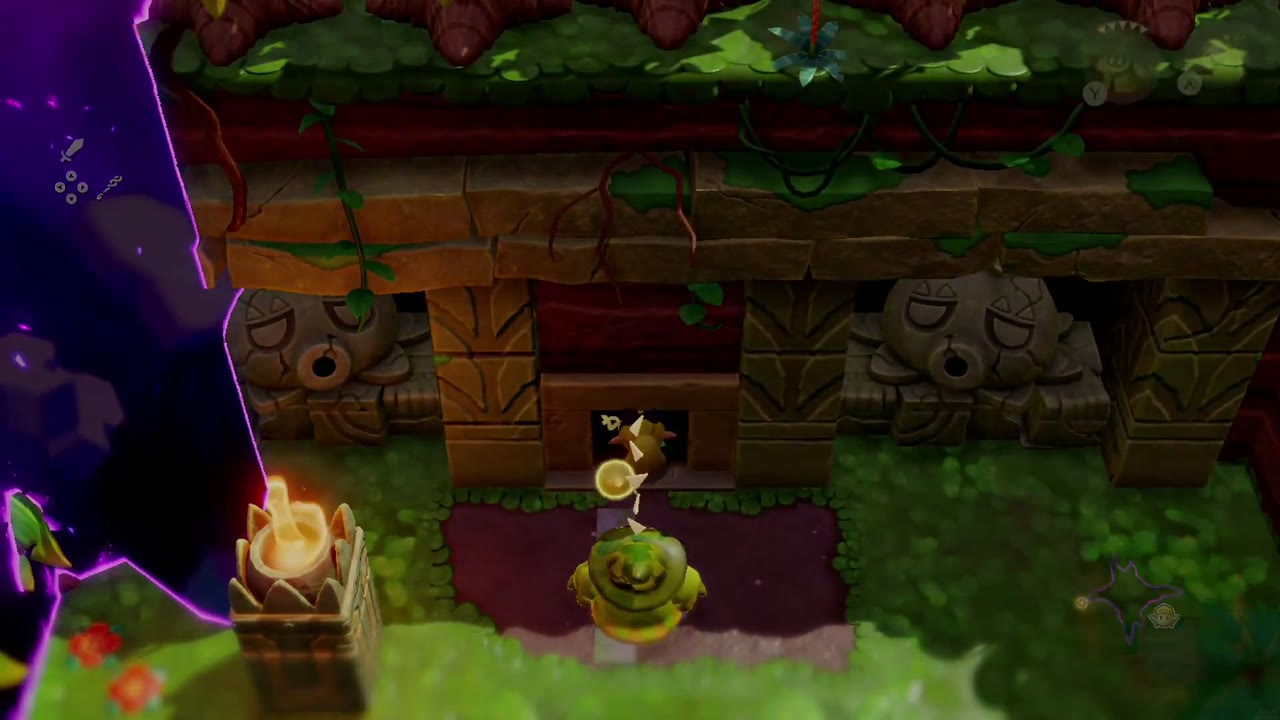 Zelda at the carved stone entrance of a Faron Wetlands ruin, a lit torch and a rift beside it Zelda at the carved stone entrance of a Faron Wetlands ruin, a lit torch and a rift beside it