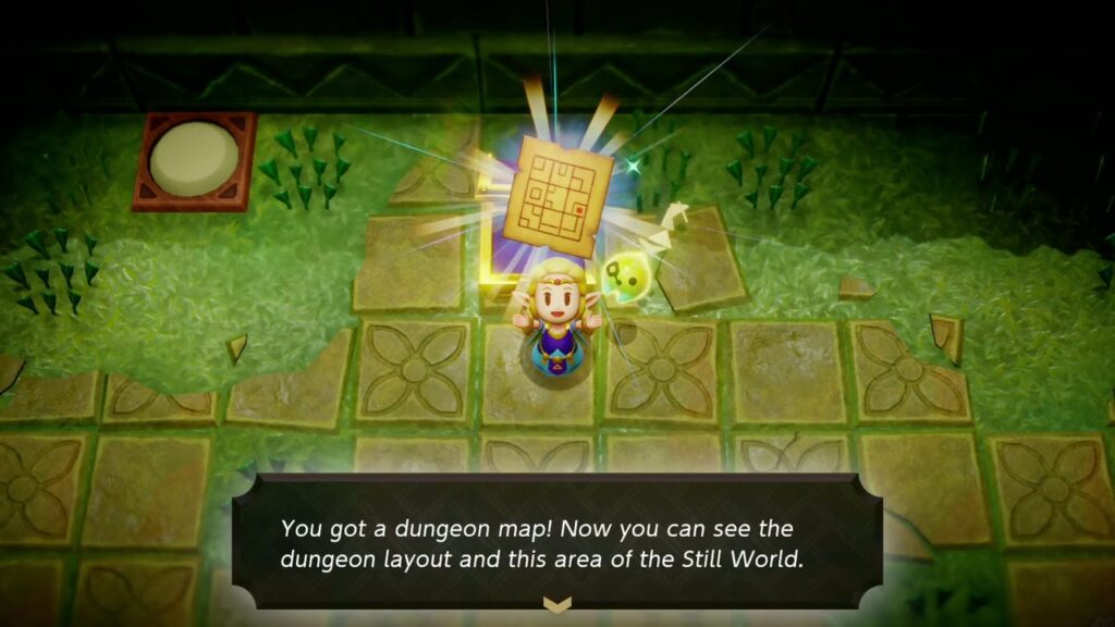 Faron Temple Dungeon - The Legend of Zelda: Echoes of Wisdom Walkthrough 30 Zelda holds up the Faron Temple Dungeon Map in the grassy chest room beyond the crystal room.