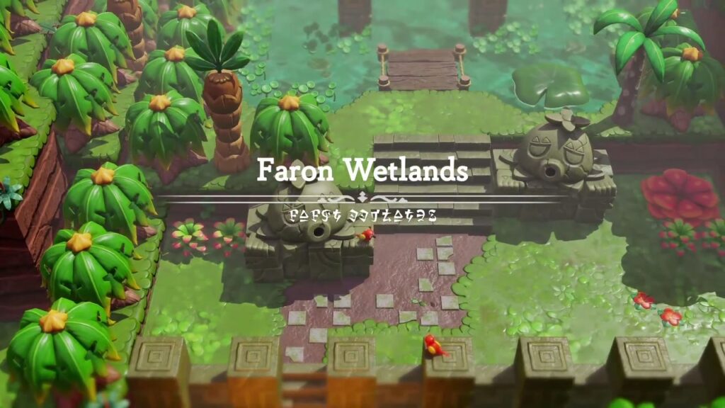 A Rift in the Faron Wetlands - The Legend of Zelda: Echoes of Wisdom Walkthrough 3 The Faron Wetlands title card over a mossy stairway flanked by Deku-head statues.