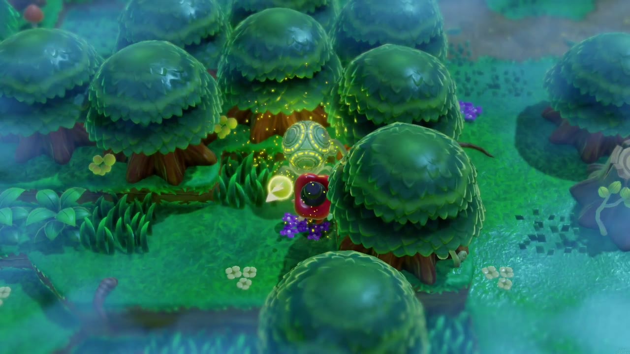 The Eternal Forest - The Legend of Zelda: Echoes of Wisdom Walkthrough 37 The fifth pedestal, tucked in a gap between round trees, lighting up as Zelda places an Ancient Orb echo.