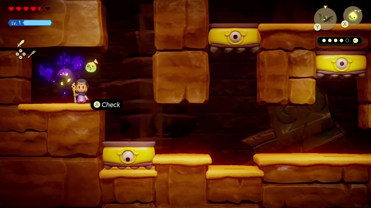 A Rift in the Gerudo Desert - The Legend of Zelda: Echoes of Wisdom Walkthrough 86 Zelda reaches the high ledge and checks the fifth trapped Tri friend in the side-scrolling chamber.