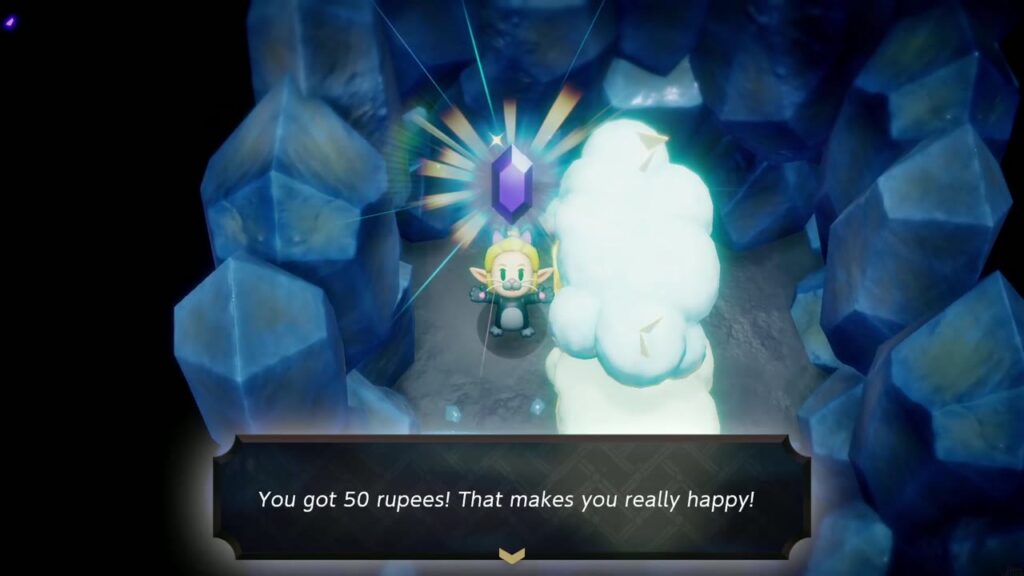 Hebra Mountain: A Rift on Holy Mount Lanayru - The Legend of Zelda: Echoes of Wisdom Walkthrough 96 Zelda gets 50 rupees in the small crystal cave on Stilled Holy Mount Lanayru.
