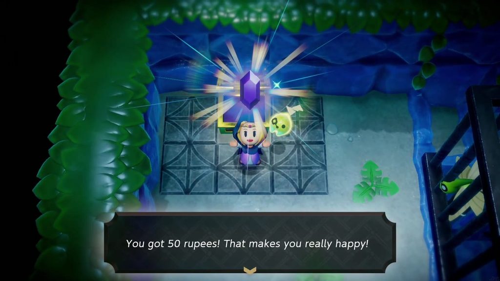 Zelda holds up a purple rupee: "You got 50 rupees!" from the jar-ledge chest in Jabul Ruins.