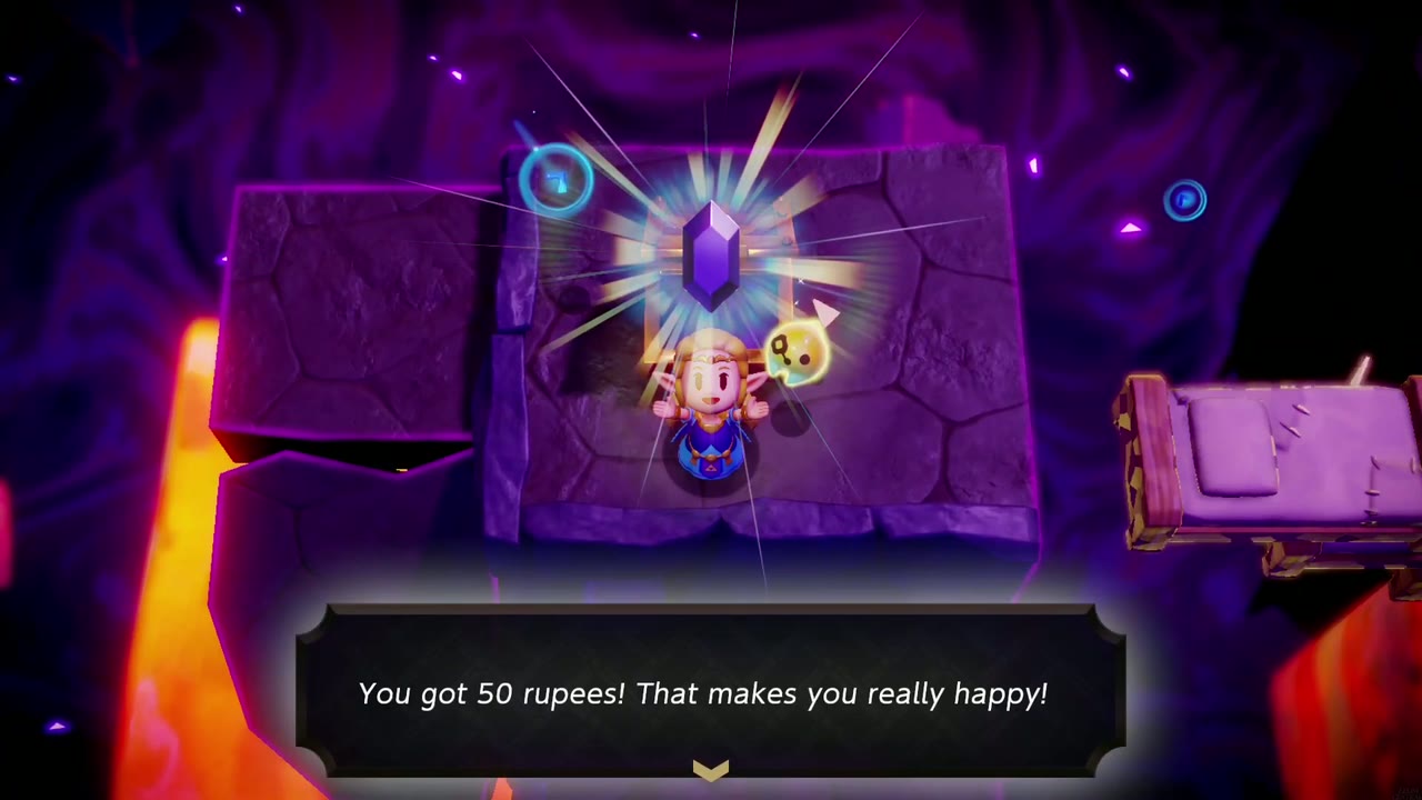 Eldin Temple Dungeon - The Legend of Zelda: Echoes of Wisdom Walkthrough 3 Zelda holds up a purple 50-rupee piece from a chest in the Stilled Eldin Volcano rift.