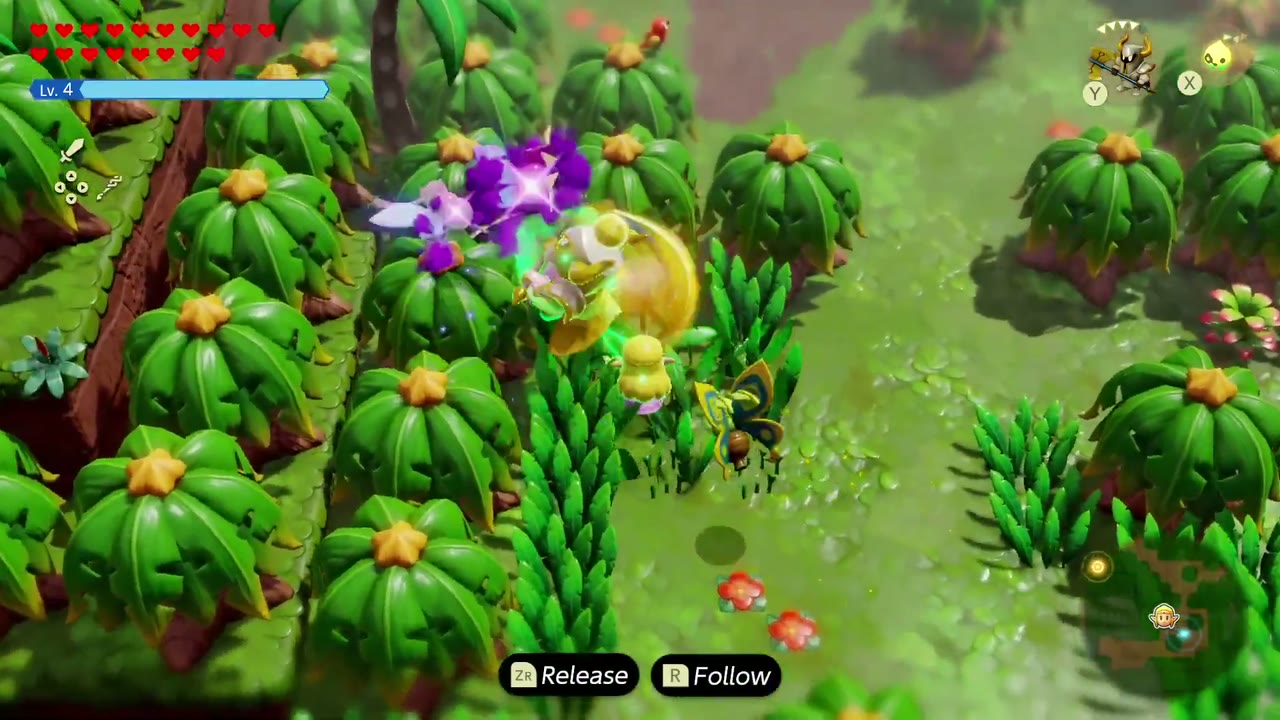 Zelda and a summoned echo fight the purple Mothula swarm in the Faron Wetlands jungle. Zelda and a summoned echo fight the purple Mothula swarm in the Faron Wetlands jungle.