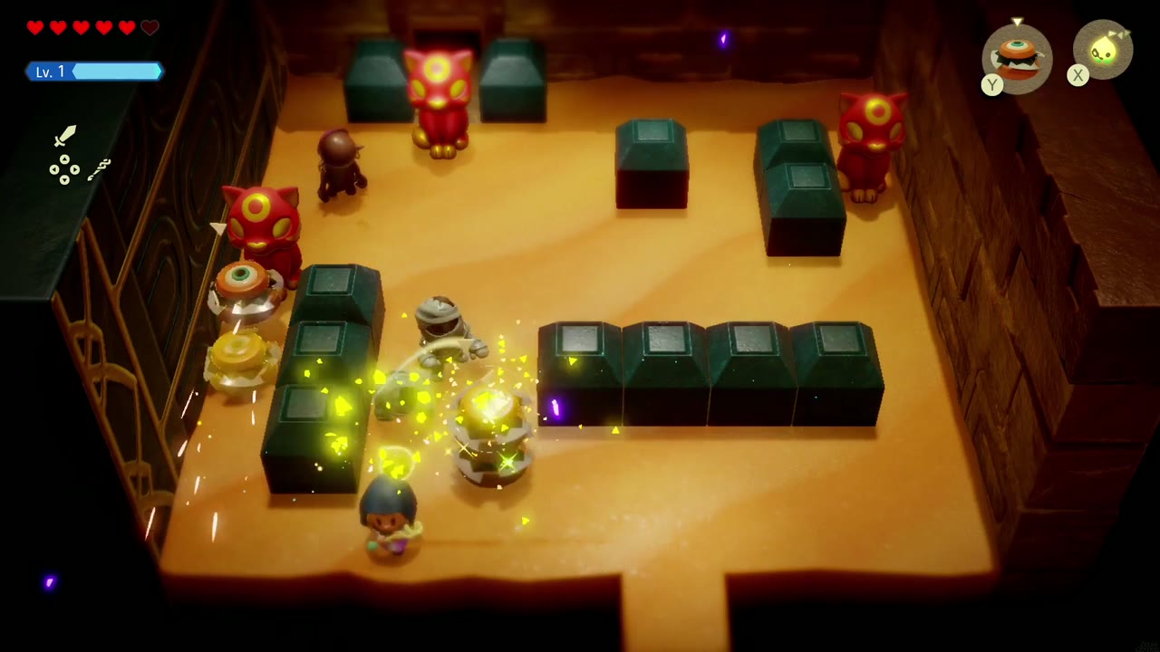 Gerudo Sanctum Dungeon - The Legend of Zelda: Echoes of Wisdom Walkthrough 86 Zelda's echoes battle mummy enemies and spinners among the green blocks and red cat statues.