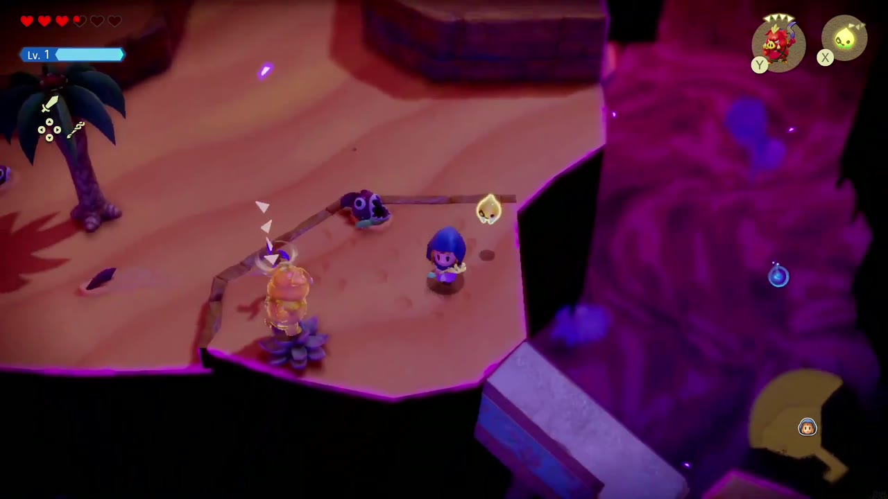 Gerudo Sanctum Dungeon - The Legend of Zelda: Echoes of Wisdom Walkthrough 64 Zelda fights an enemy on a floating sand island with a palm tree in the Still World.