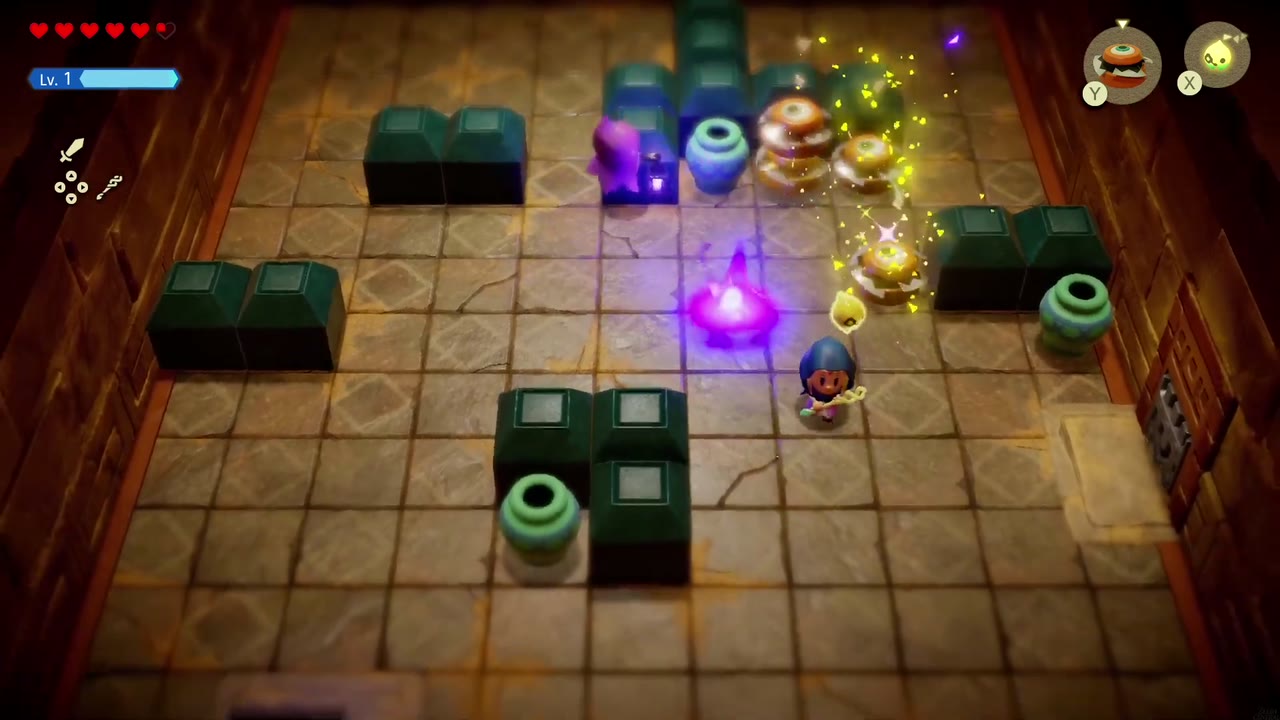 Gerudo Sanctum Dungeon - The Legend of Zelda: Echoes of Wisdom Walkthrough 57 Zelda fights the Poe with summoned Peahats while its purple flames burn on the floor.