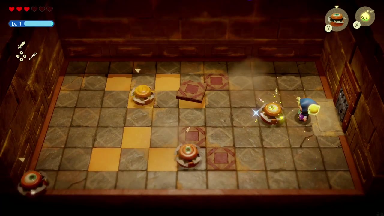 Gerudo Sanctum Dungeon - The Legend of Zelda: Echoes of Wisdom Walkthrough 15 Zelda fights spinning top enemies as the last flying tiles break in the checkered room.