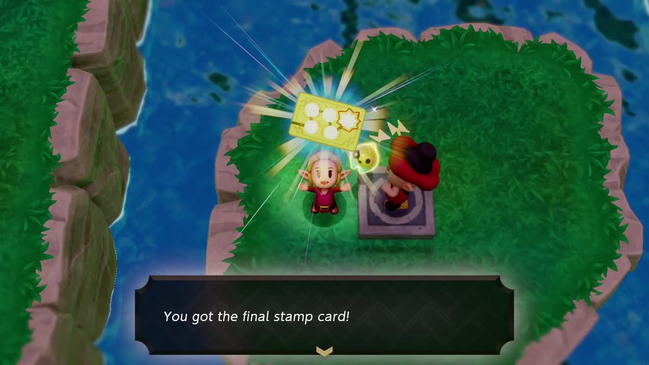 Hyrule Castle: Still Missing - The Legend of Zelda: Echoes of Wisdom Walkthrough 148 On the river-island stand Zelda holds up the final stamp card the Stamp Guy gives for a fourth filled card.