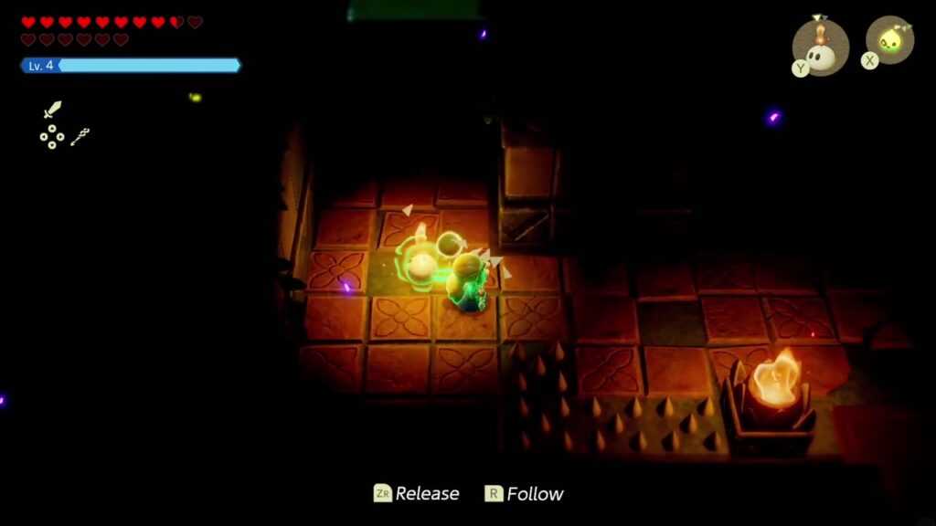 Faron Temple Dungeon - The Legend of Zelda: Echoes of Wisdom Walkthrough 5 Zelda leads a fire echo through a pitch-dark Faron Temple room, its glow revealing the floor and a brazier.