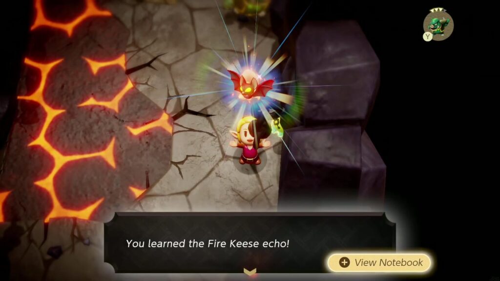 The Rift on Eldin Volcano - The Legend of Zelda: Echoes of Wisdom Walkthrough 49 Zelda learns the Fire Keese echo in the chain-lined corridor of Lizalfos Burrow.