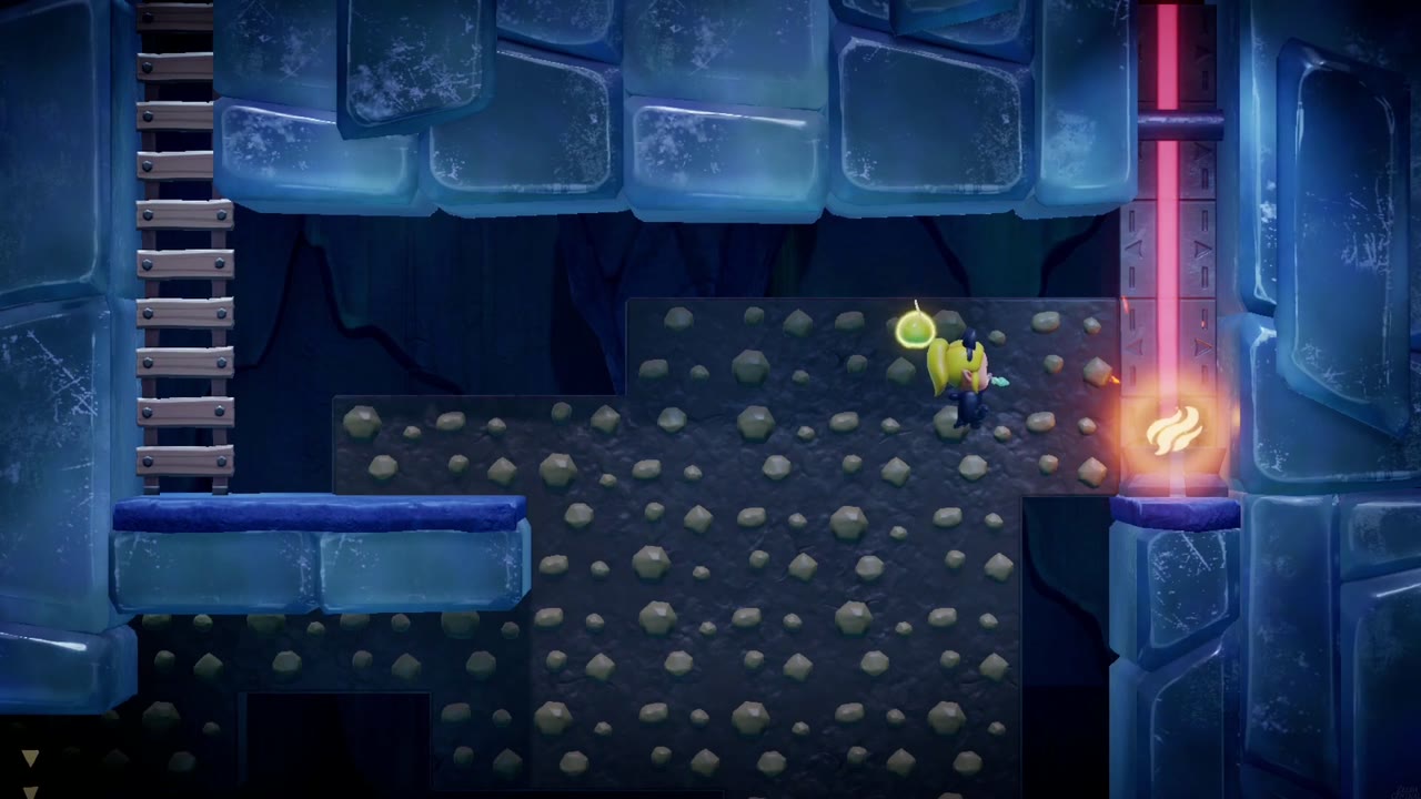Lanayru Temple Dungeon - The Legend of Zelda: Echoes of Wisdom Walkthrough 28 The fire orb glows on the red pedestal at the right side of the side-on room, sending power up the pipe.