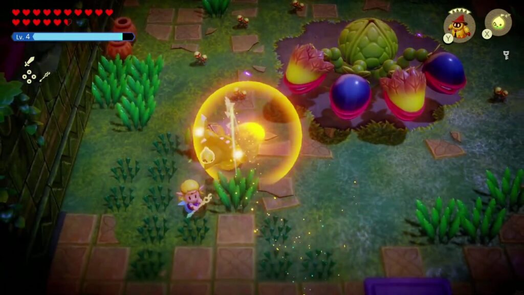 Faron Temple Dungeon - The Legend of Zelda: Echoes of Wisdom Walkthrough 73 A Fire Wizzrobe echo blasts the bud's snapping heads while Zelda keeps her distance.