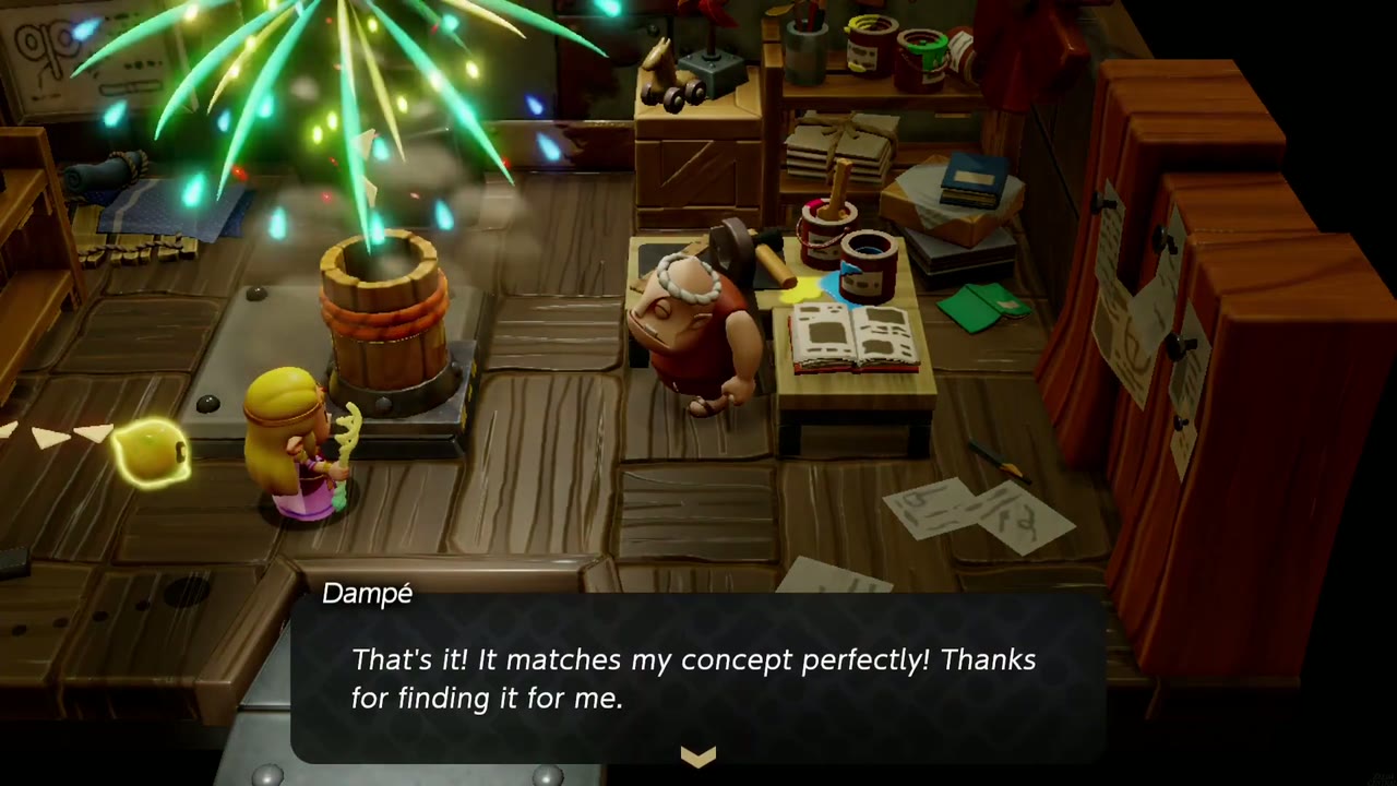Explosions Galore! - The Legend of Zelda: Echoes of Wisdom Walkthrough 10 A Firework echo bursts on Dampé's pedestal as he says it matches his concept.