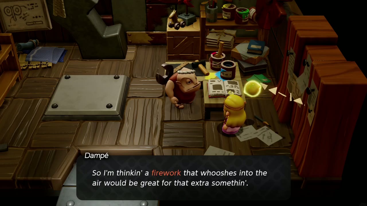 Explosions Galore! - The Legend of Zelda: Echoes of Wisdom Walkthrough 5 Dampé says a firework that whooshes into the air would be great for that extra something.