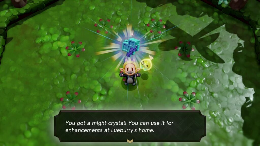 A Rift in the Faron Wetlands - The Legend of Zelda: Echoes of Wisdom Walkthrough 79 Zelda holds up the first Faron Might Crystal found in a hedged jungle clearing.