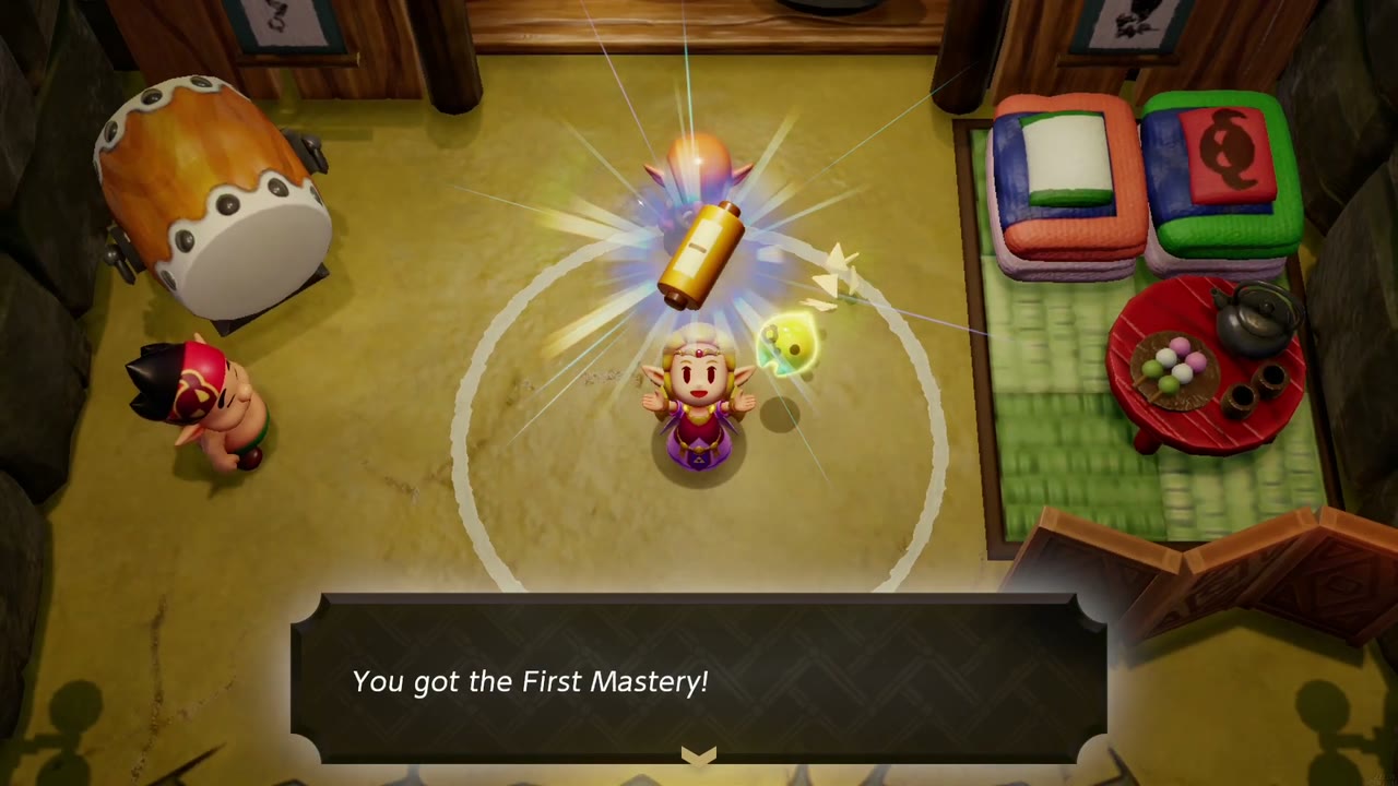 Zelda holds up the gold First Mastery scroll in the Slumber Dojo ring as "You got the First Mastery!" appears Zelda holds up the gold First Mastery scroll in the Slumber Dojo ring as "You got the First Mastery!" appears