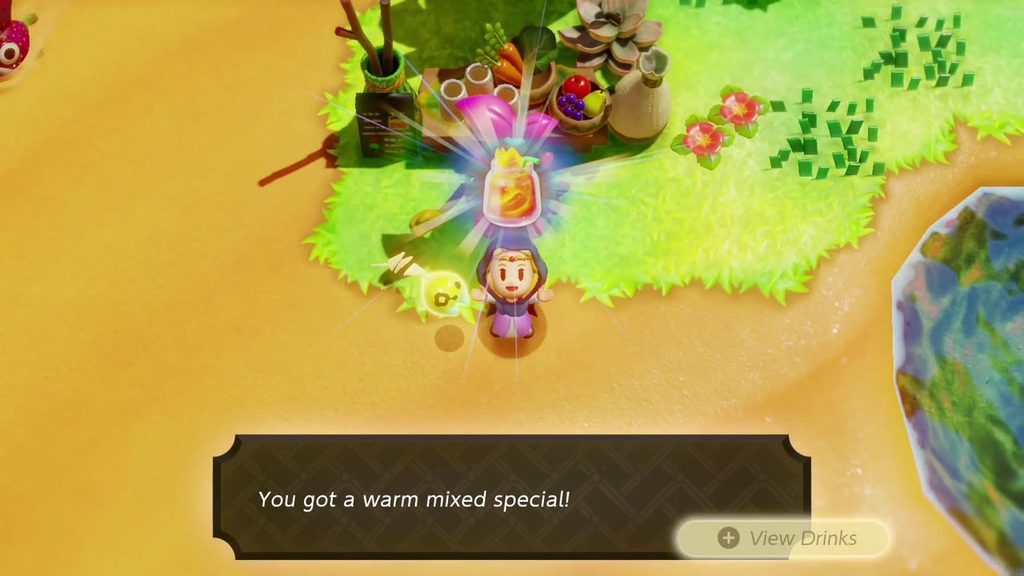 A Rift in the Gerudo Desert - The Legend of Zelda: Echoes of Wisdom Walkthrough 9 Zelda holds up her first drink from the Business Scrub's Smoothie Shop, a Warm Mixed Special.