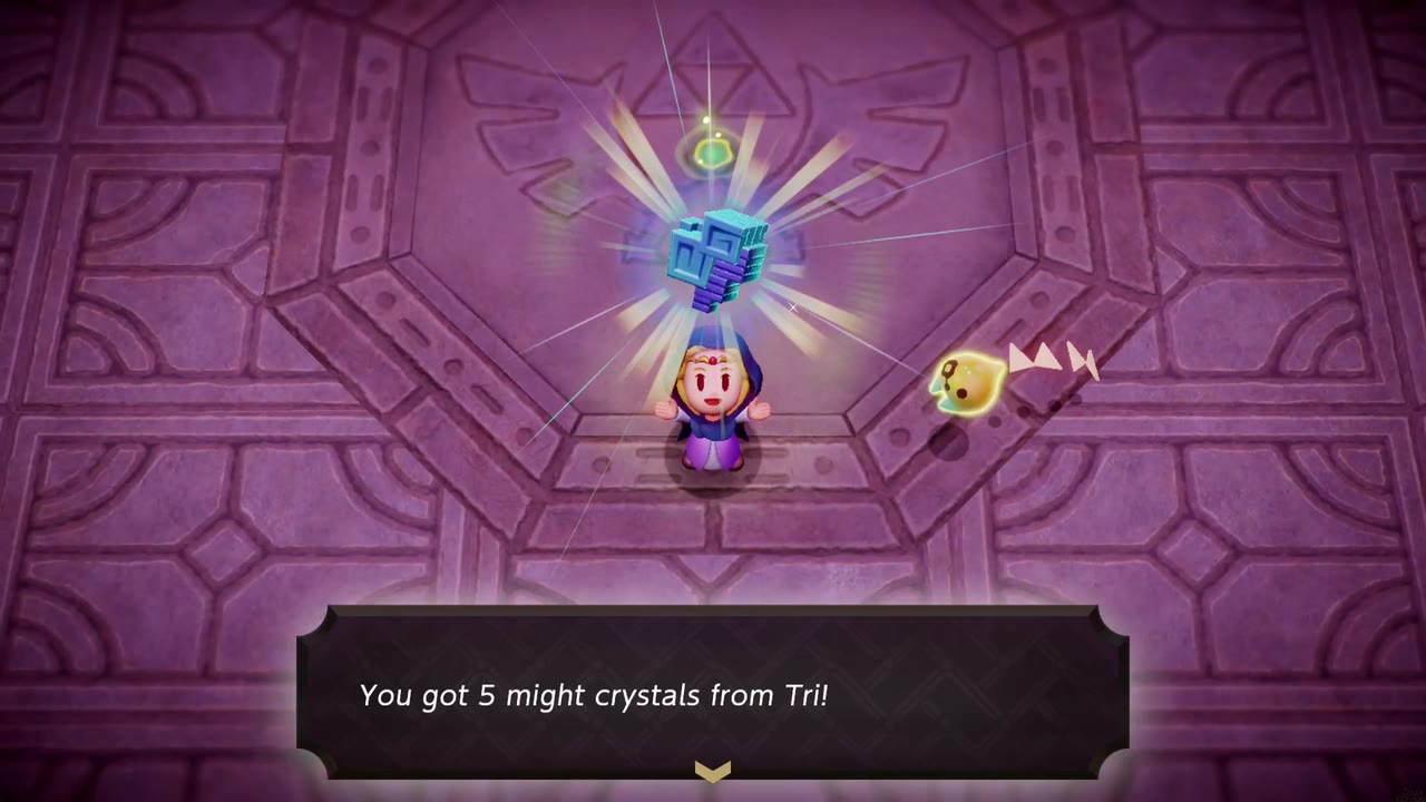 Hyrule Castle: Still Missing - The Legend of Zelda: Echoes of Wisdom Walkthrough 120 Zelda holds up the reward after the fight: "You got 5 might crystals from Tri!"