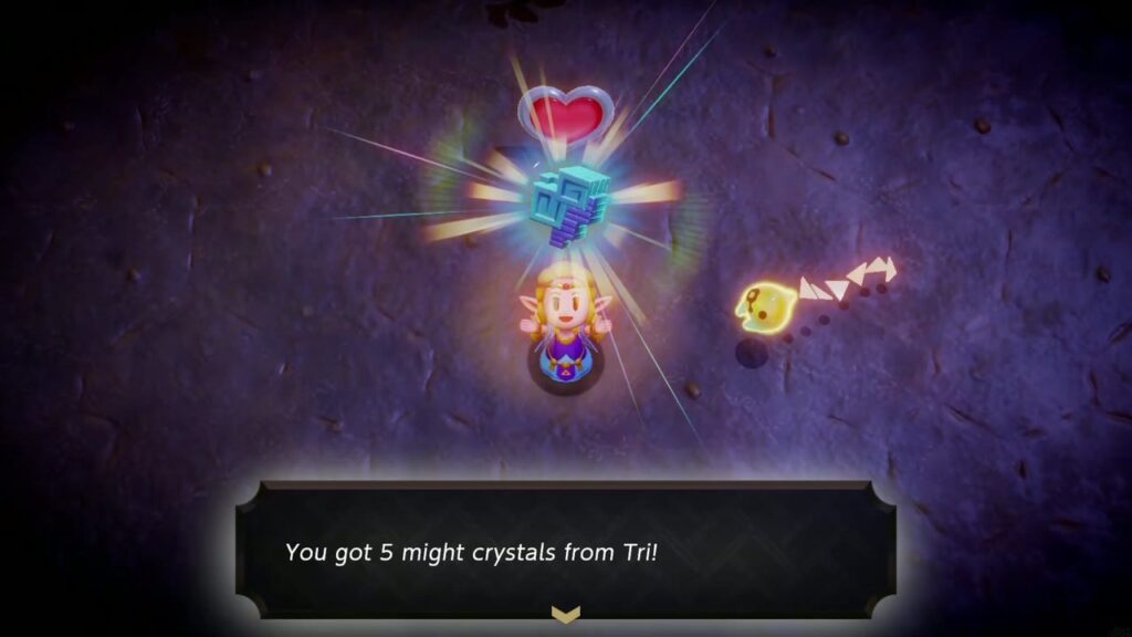 Faron Temple Dungeon - The Legend of Zelda: Echoes of Wisdom Walkthrough 83 After the Gohma fight Zelda holds up the reward: "You got 5 might crystals from Tri!" with the Heart Container above.