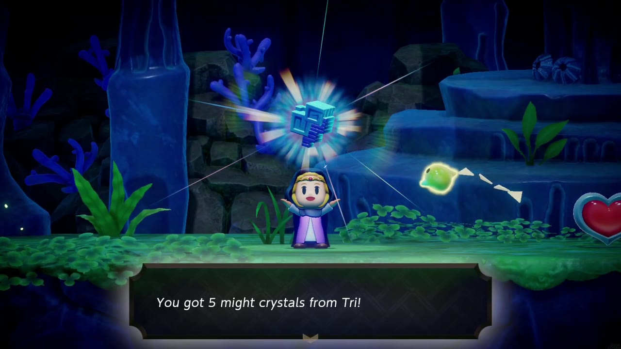 In the underwater boss arena, Zelda holds five might crystals overhead beside a Heart Container; 'from Tri' box below