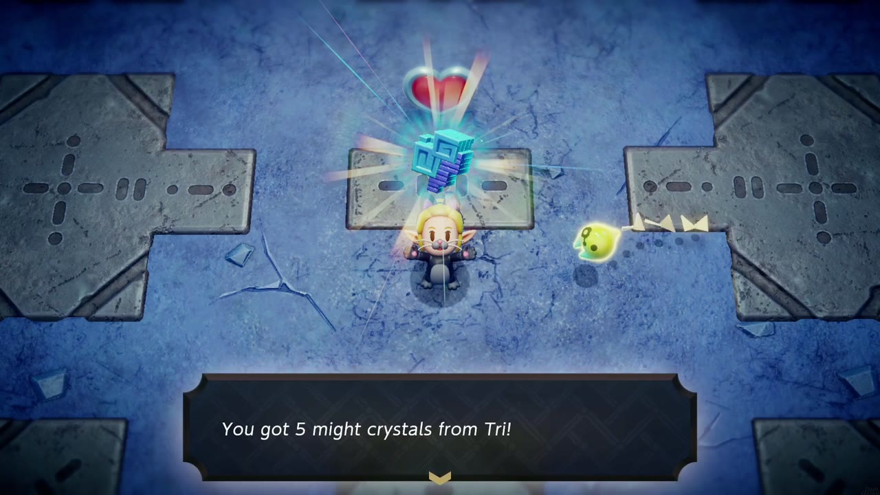 Zelda holds five might crystals from Tri under the Heart Container in Skorchill's icy boss arena