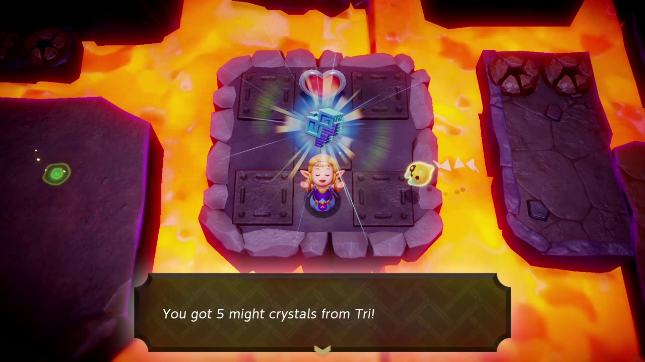 Zelda holds up 5 might crystals from Tri on a stone platform in the lava of Volvagia's arena in Eldin Temple.